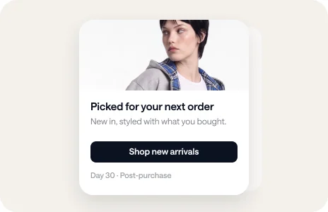 A day 30 post-purchase email, Picked for your next order, with a Shop new arrivals button