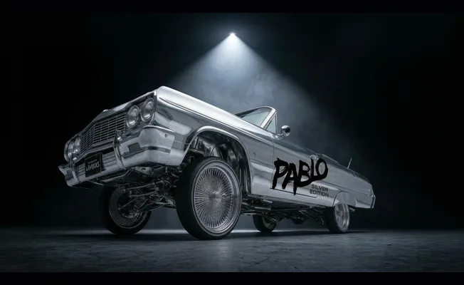 The chrome lowrider under a spotlight.