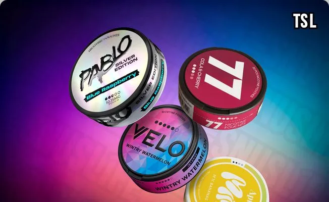 The five pouch tins on a gradient, TSL logo top right.